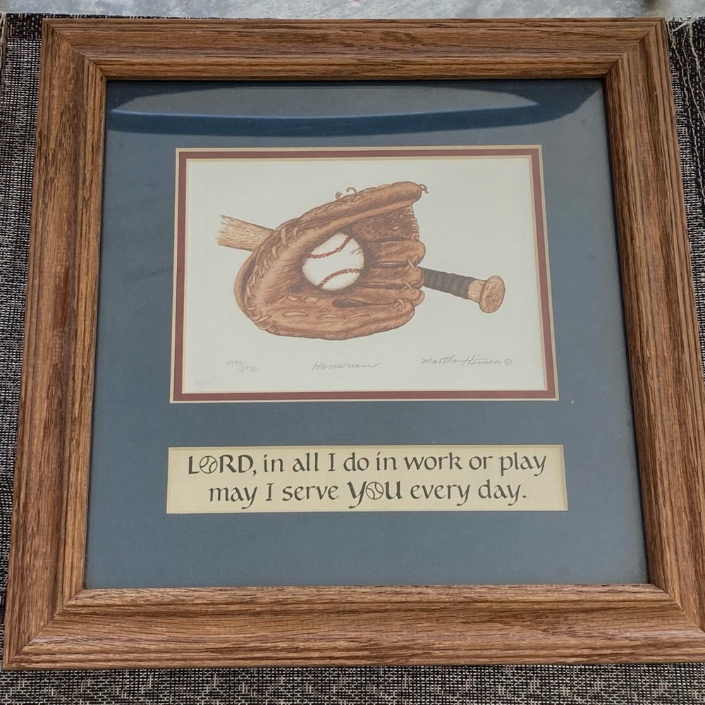 Framed w/glass Baseball glove, ball & bat picture.